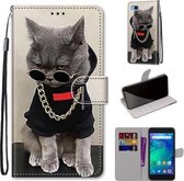 Voor Xiaomi Redmi Go Gekleurde tekening Cross Texture Horizontale Flip PU lederen tas met houder & kaartsleuven & portemonnee & lanyard (gouden ketting grijze kat)
