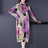Wollen jurk met grote bloemen en lange mouwen, hoge hals, gebreide rok (kleur: paars, maat: M)-Geen