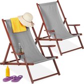 relaxdays strandstoel hout - set van 2 - ligstoel inklapbaar - campingstoel met 3 standen grijs