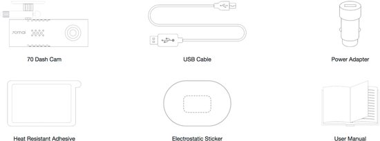 Illustraties van de inhoud van de 70Mai dashcam verpakking: dashcam, USB-kabel, stroomadapter, hittebestendige sticker, elektrostatische sticker, gebruikershandleiding.