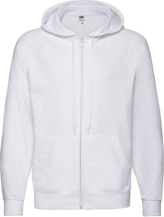 Witte rits-capuchonsweatshirt, van voren bekeken, met lange raglanmouwen en een kangoeroezak.