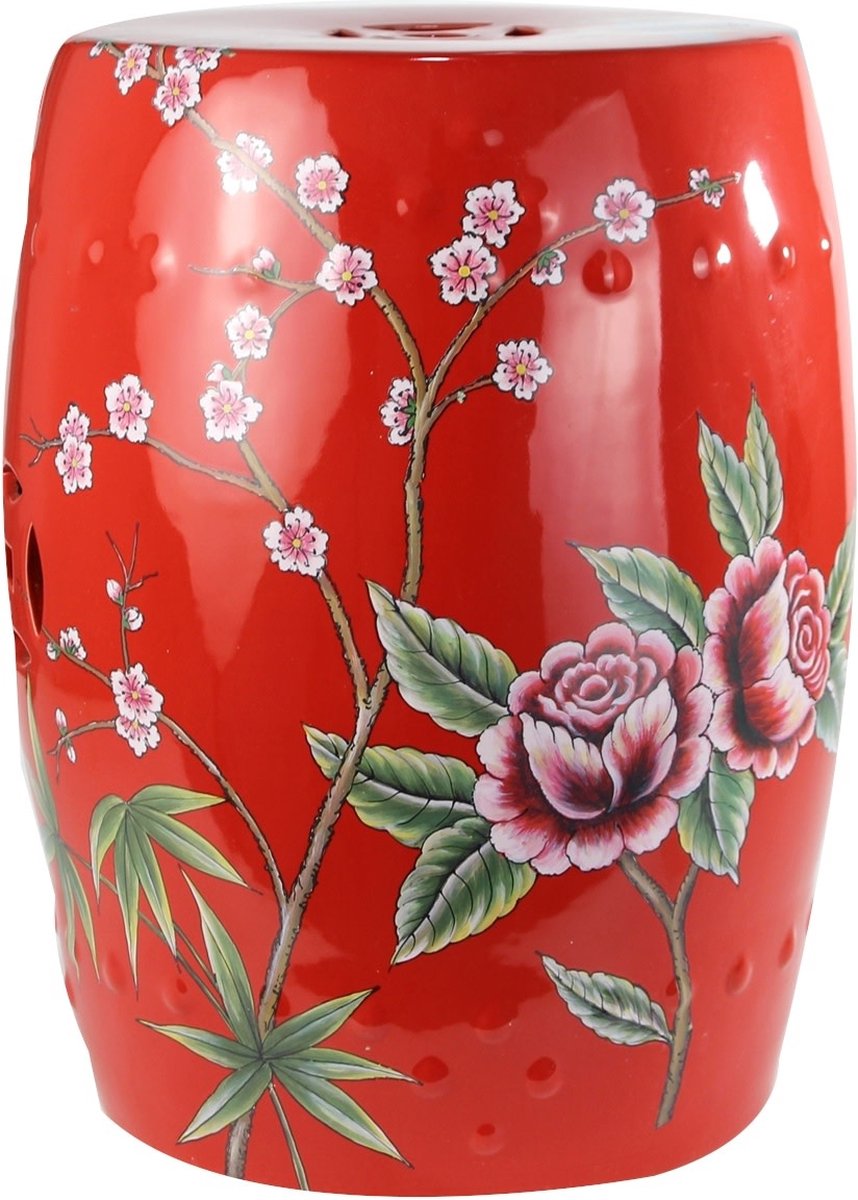 Fine Asianliving Keramische Kruk Pioenen Rood Handgemaakt B33xH45cm Keramiek Bijzettafel Porselein Stoel Tuinkruk
