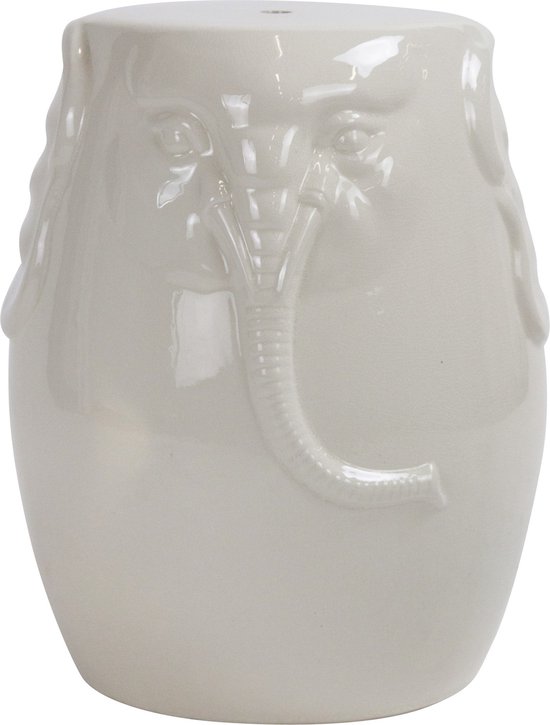 Witte keramische kruk met een olifantengezicht en slurf, met een klein gat aan de bovenkant.