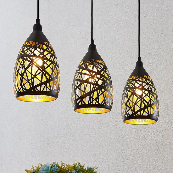 Lindby - hanglamp - 3 lichts - staal - E27 - zwart, goud