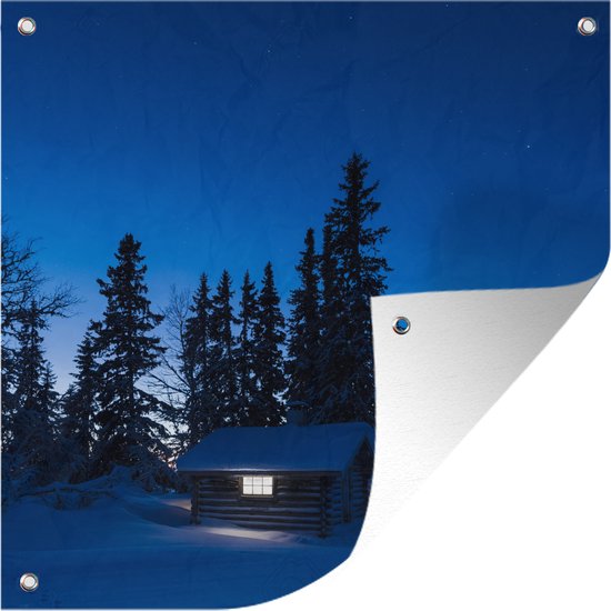 Tuindoek Een blokhut in een donker sneeuwlandschap - 100x100 cm