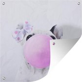 Tuindoek Een hond blaast een bel van kauwgom - 100x100 cm