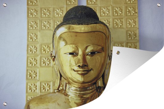 Tuinposter - Tuindoek - Tuinposters buiten - Gouden Boeddha beeld - 120x80 cm - Tuin