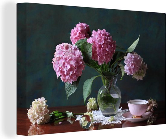 Canvas Schilderij Stilleven hortensia's en theekop op tafel - 30x20 cm - Wanddecoratie