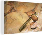 Canvas Wereldkaart - 120x80 - Wanddecoratie Oude verrekijker en kompas op wereldkaart