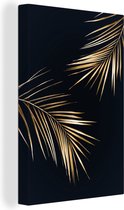 Gouden schilderij - Bladeren - Zwart - Goud - Tropische planten - 40x60 cm - Wanddecoratie - Canvas schilderij zwarte achtergrond