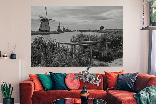 Photo Zwart et blanc des moulins à vent de Kinderdijk aux Nederland Toile 180x120 cm - Tirage photo sur toile (Décoration murale salon / chambre) XXL / Groot format!