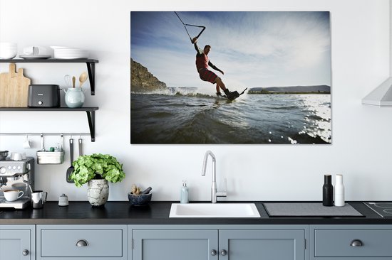 Un homme wakeboard sur toile d'eau de mer calme 120x80 cm - Tirage photo sur toile (Décoration murale salon / chambre)