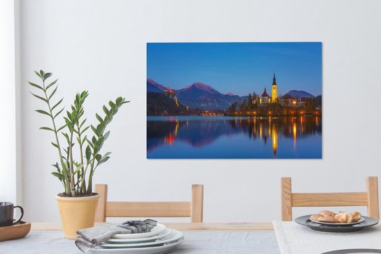 Blejski otok en Slovénie pendant la nuit au lac de Bled Toile 90x60 cm - Tirage photo sur toile (Décoration murale salon / chambre)