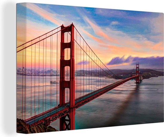 Canvas Schilderij Kleurrijke zonsondergang boven de Golden Gate Bridge in San Francisco - 30x20 cm - Wanddecoratie