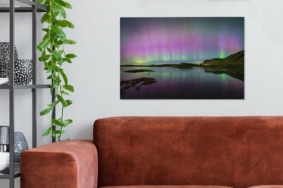 Canvas Schilderij Noorderlicht - IJsland - Paars - 90x60 cm - Wanddecoratie