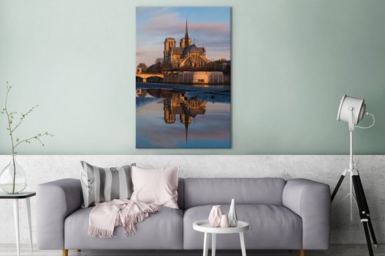 Canvas schilderij 90x140 cm - Wanddecoratie De Notre Dame kathedraal weerspiegelt in het water in Parijs - Muurdecoratie woonkamer - Slaapkamer decoratie - Kamer accessoires - Schilderijen