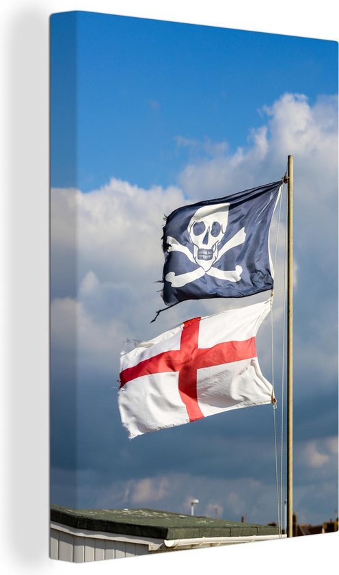De Engelse vlag onder een piraten vlag Canvas 60x90 cm - Foto print op Canvas schilderij (Wanddecoratie woonkamer / slaapkamer)