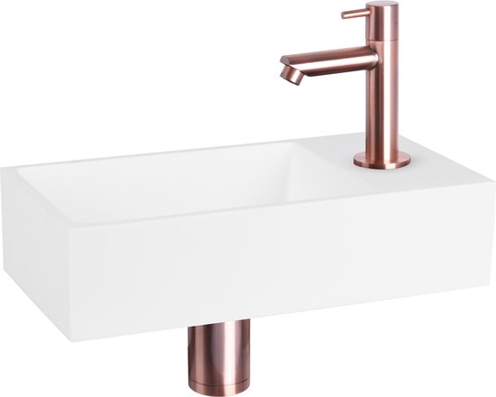 Differnz Solid Fonteinset - Wasbak Solid Surface - Wit - Rechte Kraan - Rood Koper - Standaard Greep - 36 x 18.5 x 9 cm