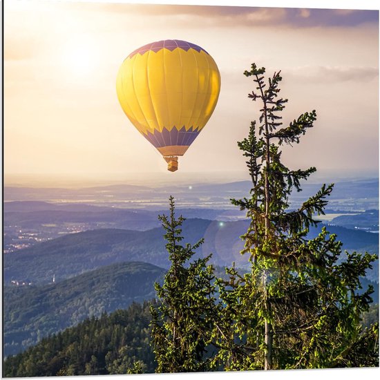 Dibond - Blauw/Gele Luchtballon boven Prachtig Landschap  - 80x80cm Foto op Aluminium (Met Ophangsysteem)