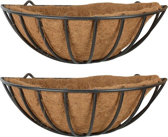 2x stuks metalen hangende basket/ruif voor aan de wand/muur 50 x 19 cm inclusief kokosinlegvel – bloembakken