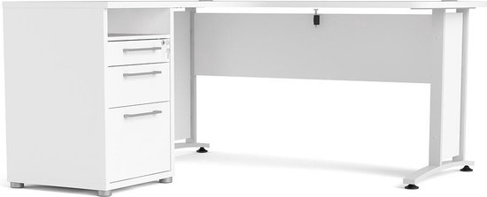 Prisme Bureau d'angle avec 1 étagère et 3 tiroirs, blanc, blanc