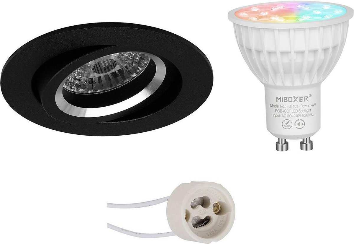 Mi-Light MiBoxer - LED Spot Set GU10 - Smart LED - Wifi LED - Slimme LED - 4W - RGB+CCT - Aanpasbare Kleur - Dimbaar - Proma Aerony Pro - Inbouw Rond - Mat Zwart - Kantelbaar - Ø82mm