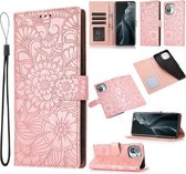 Voor Xiaomi Mi 11 Skin Feel Reliëf Zonnebloem Horizontale Flip Leather Case met Houder & Kaartsleuven & Portemonnee & Lanyard (Rose Gold)