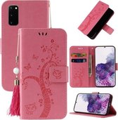 Voor Samsung Galaxy S20 Reliëf Lucky Tree Horizontale Flip Lederen Case met Houder & Kaartsleuf & Portemonnee & Lanyard (Roze)