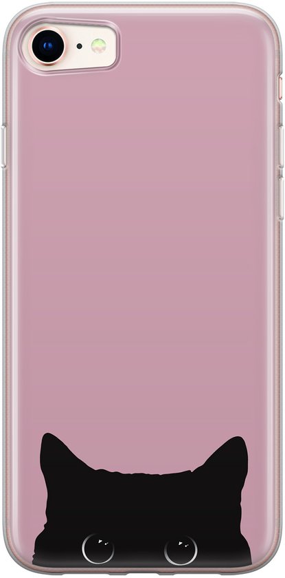 Hoesje geschikt voor iPhone SE (2020) - Zwarte kat - Soft Case - TPU - Print - Roze - Mooie Telefoonhoesjes