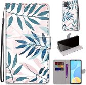 Voor OPPO A15 / A15s Gekleurde Tekening Cross Textuur Horizontale Flip PU Lederen Case met Houder & Kaartsleuven & Portemonnee & Lanyard (Roze Groen Blad)