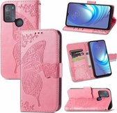 Voor Motorola Moto G50 Vlinder Liefde Bloemen Reliëf Horizontale Flip Lederen Case met Houder & Kaartsleuven & Portemonnee & Lanyard (Roze)