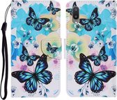 Voor Samsung Galaxy A02 Gekleurde Tekening Patroon Horizontale Flip PU Lederen Case met Houder & Kaartsleuven & Portemonnee & Lanyard (Paarse Vlinder)