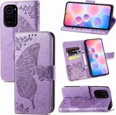 Voor Xiaomi Redmi K40 / K40 Pro / K40 Pro + Butterfly Love Flowers Reliëf Horizontale Flip lederen tas met houder & kaartsleuven & portemonnee & lanyard (lichtpaars)