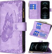 Voor iPhone 12 Flying Butterfly Embossing Pattern Rits Horizontale Flip lederen tas met houder & kaartsleuven & portemonnee (paars)