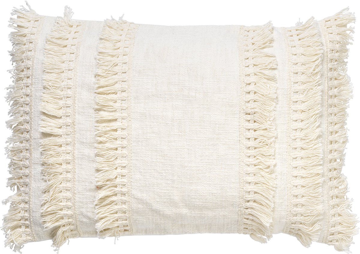 Dutch Decor FARA - kussenhoes 40x60 cm - 100% katoen - met franjes - Snow White - wit - met rits - zonder binnenkussen Gebroken wit