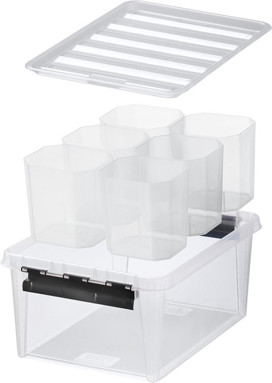 Exploded view van een transparante opbergbox met een deksel en 6 hexagonale bakjes.