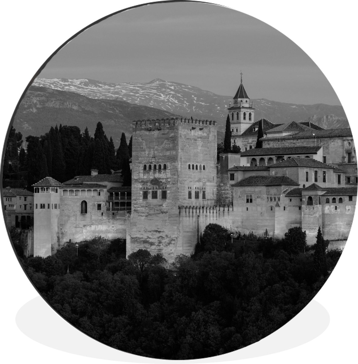 WallCircle - Wandcirkel - Muurcirkel - Zwart-wit beeld verlichte muren van het Alhambra in Spanje - Aluminium - Dibond - ⌀ 60 cm - Binnen en Buiten - Merkloos