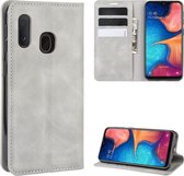 Voor Galaxy A20e Retro-skin Business Magnetische Suction Leather Case met houder & kaartsleuven & portemonnee (grijs)