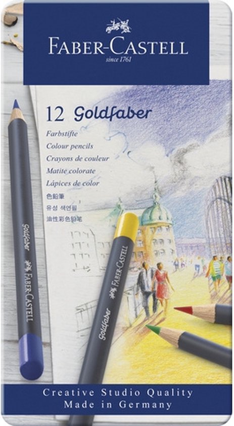 Faber-Castell Goldfaber 12 kleurpotloden met een schets van gebouwen en mensen. Creatieve studio kwaliteit.