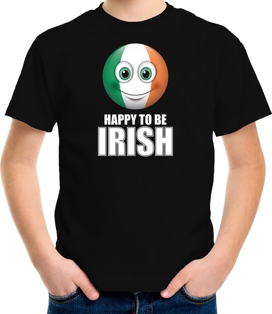 Ierland Happy to be Irish landen t-shirt met emoticon - zwart - kinderen - Ierland landen shirt met Ierse vlag - EK / WK / Olympische spelen outfit / kleding 146/152