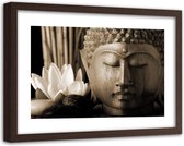 Foto in frame , Hoofd van Boeddha  met witte lelie , 120x80cm , Multikleur, Premium print