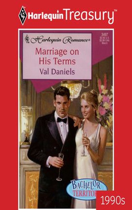 Man in smoking en vrouw in witte jurk met champagneglazen. Harlequin Romance: Marriage on His Terms.