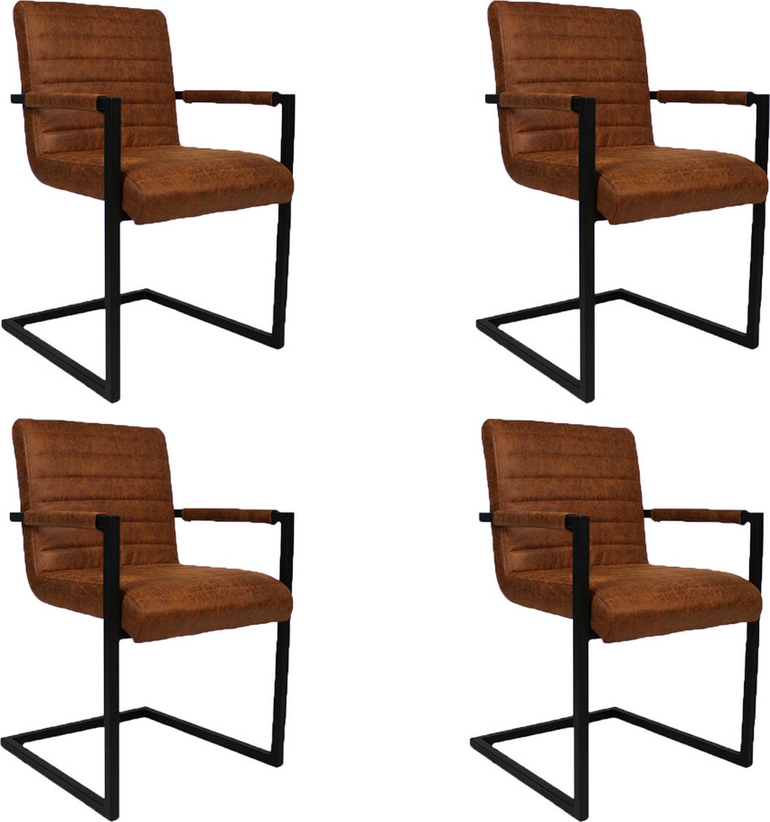 Bronx71® Industriële eetkamerstoel Block Cognac Eco-Leer - Eetkamerstoelen set van 4 - stoel