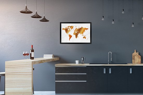 Photo encadrée - Une carte du monde avec un cadre photo à débordement doré noir 60x40 cm - Affiche encadrée (Décoration murale salon / chambre)