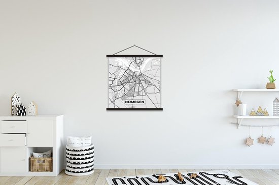 Posterhanger incl. Poster 60x60 cm - Schoolplaat - Stadskaart - Nijmegen - Grijs - Wit - Textielposter - Zwarte latten