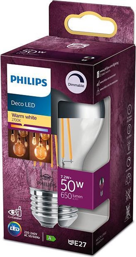 4 stuks Philips LED kopspiegellamp zilver E27 7.2W 650lm 2700K dimbaar A60  | bol.com