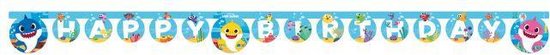 Blauwe babyslange slinger met 'Happy Birthday' in witte letters, omringd door Baby Shark karakters en onderwaterdecoratie.