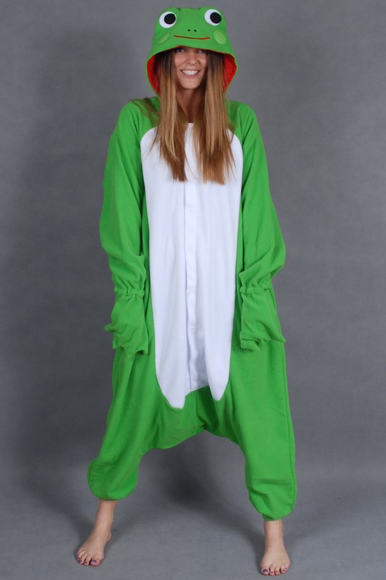 KIMU Onesie kikker pak kind kostuum groen - maat 128-134 - kikkerpak jumpsuit pyjama bol.com