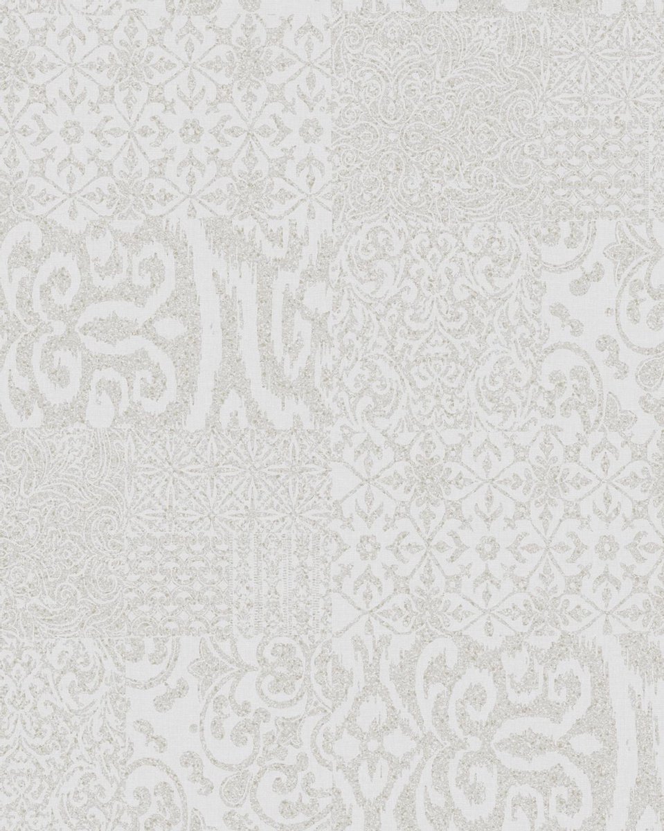 Barok behang Profhome VD219147-DI vliesbehang hardvinyl warmdruk in reliëf gestempeld in collage stijl glanzend zilver 5,33 m2