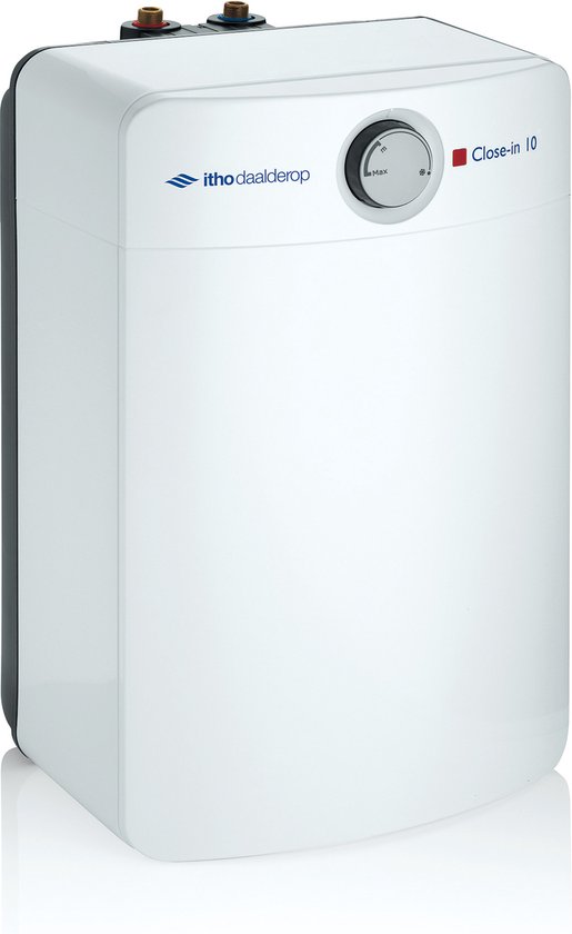 Wit close-in boiler 'Close-in 10' van Itho Daalderop, met een draaiknop en een rode indicator.